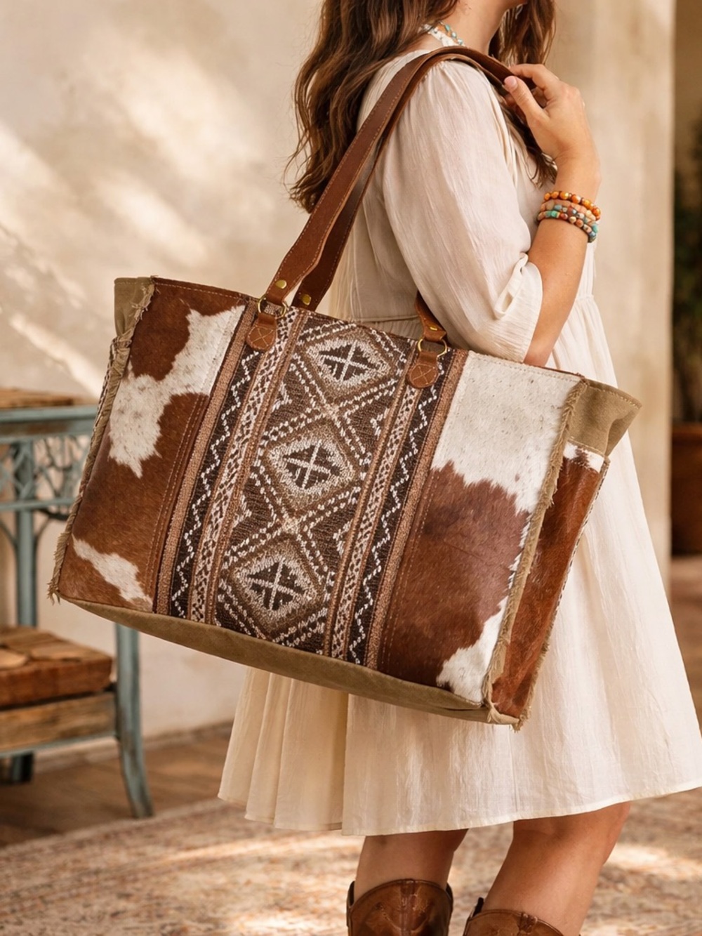 Myra Cowhide Weekender Bag Western Leather Duffel Travel Carry On Boho Cowgirl
